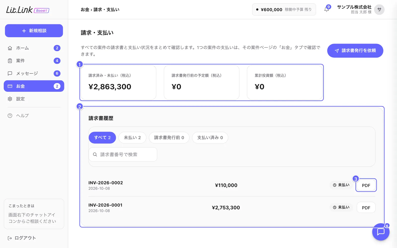 請求・支払いの画面。①金額のまとめ、②請求書の履歴、③PDF