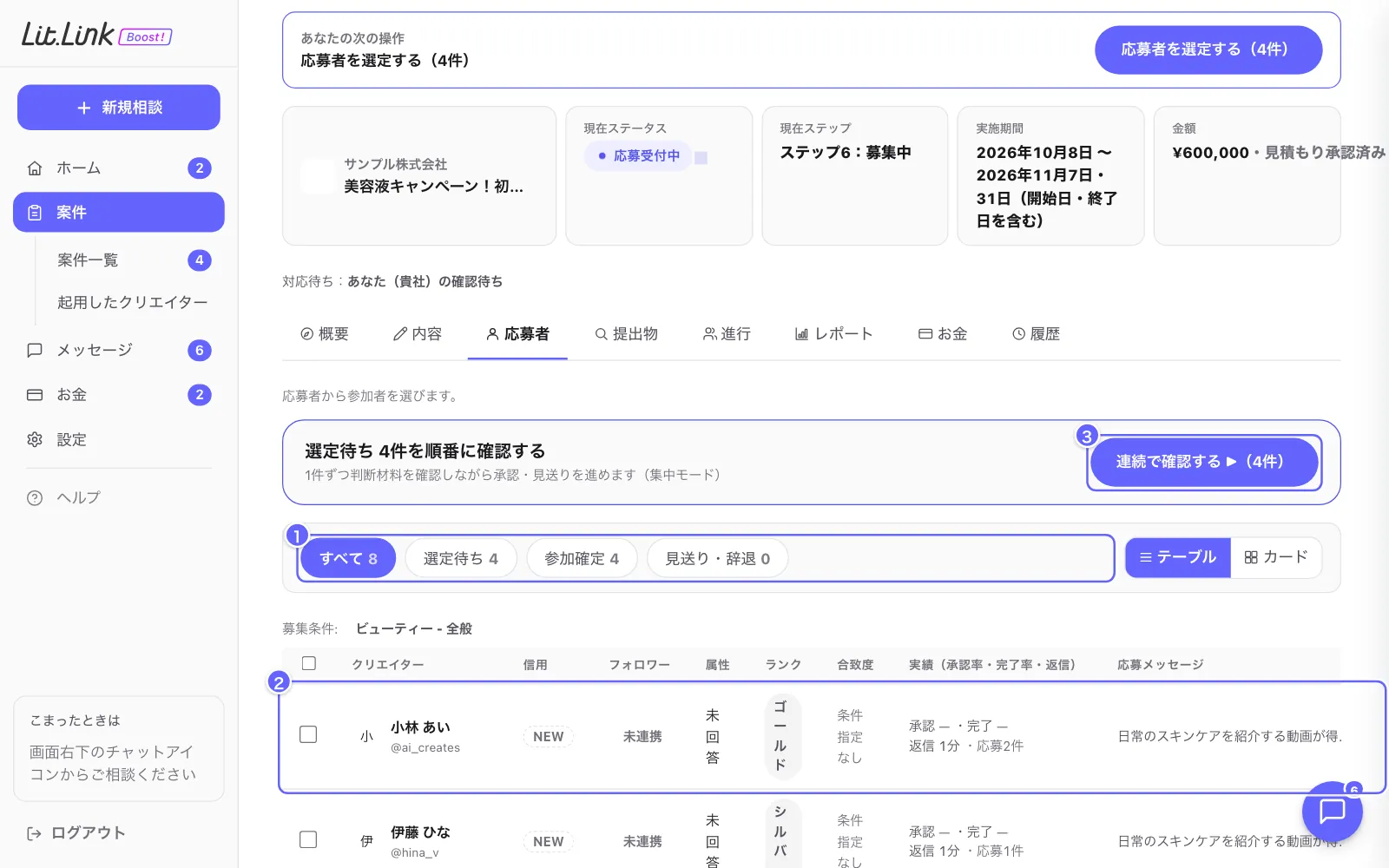 案件ページ(応募者の選定)の画面。①タブ(選定待ち・運営確認中・選定済み)、②応募者、③連続で確認する