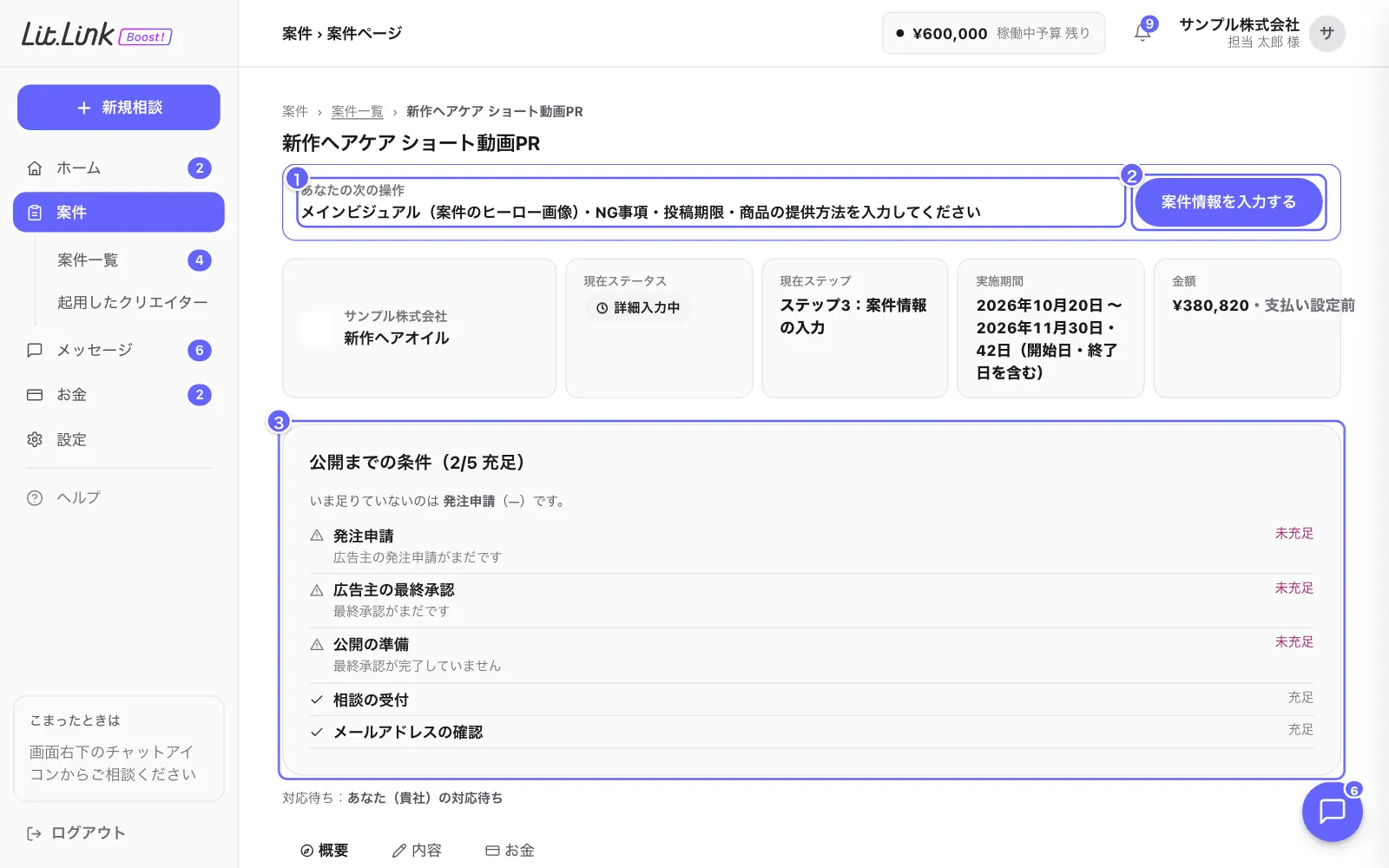 案件ページ(入力)の画面。①あなたの次の操作、②次の操作のボタン、③公開までの条件