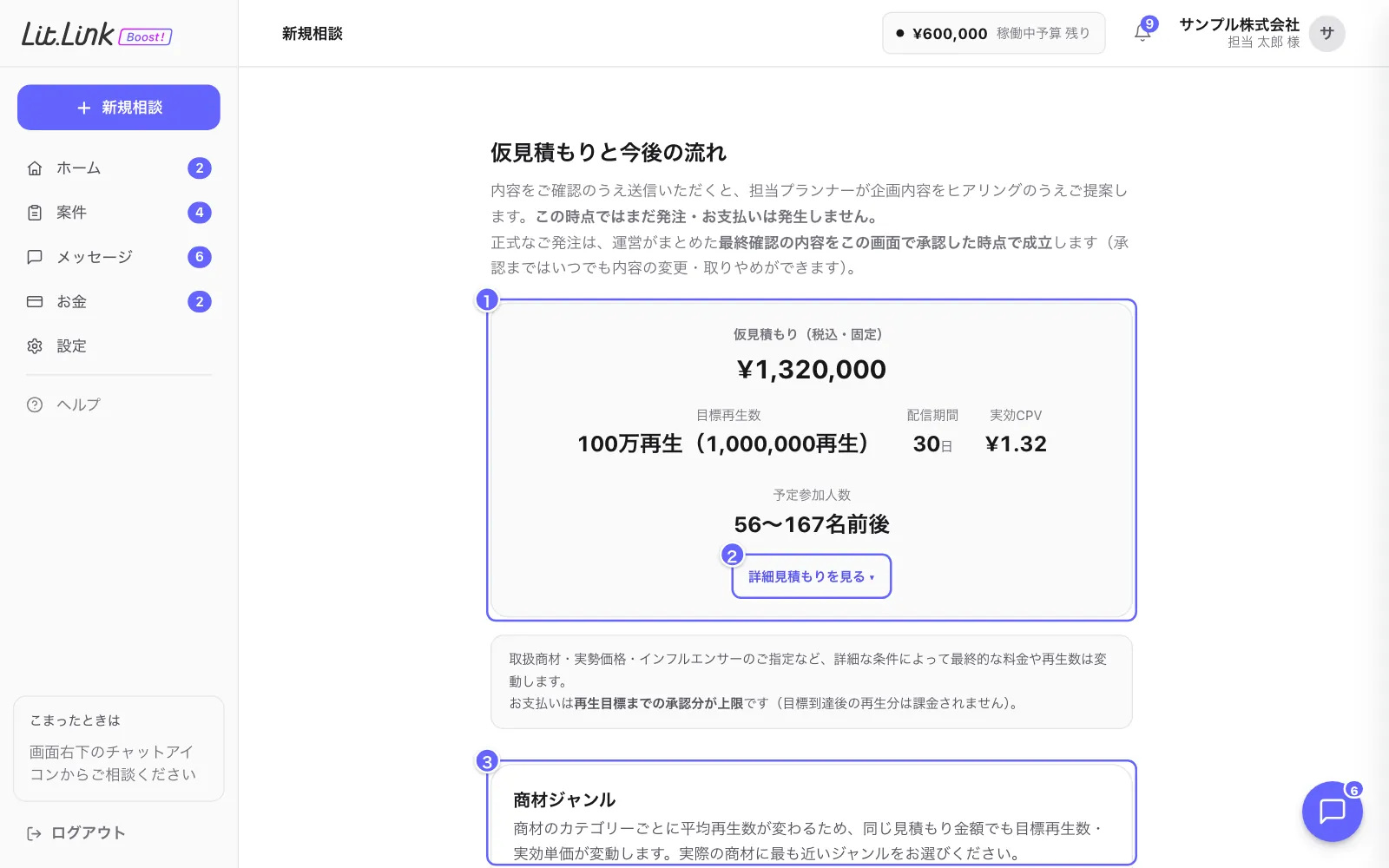 仮見積もりと今後の流れの画面。①仮見積もり(税込)、②詳細見積もりを見る、③商材ジャンル