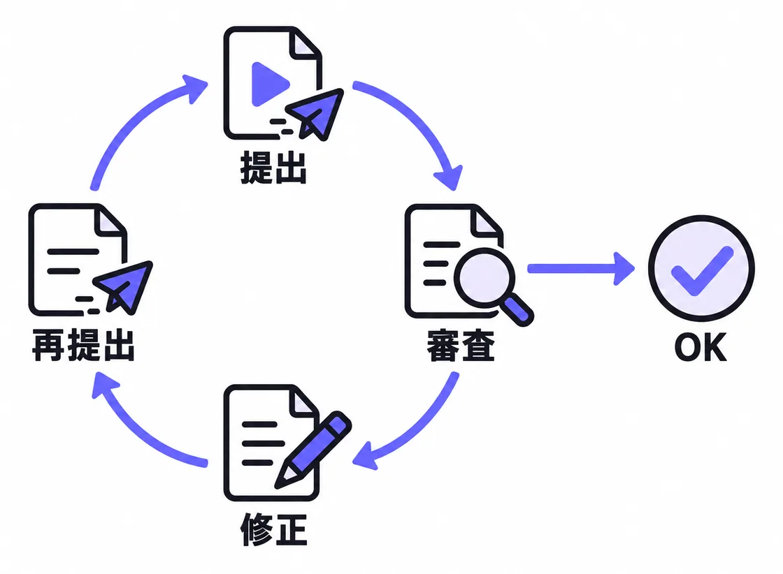 図解：提出と審査：提出 → 審査 → 修正 → 再提出、OKなら次へ
