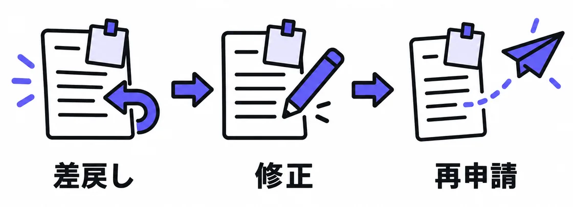 図解：差戻しから再申請まで：差戻し → 修正 → 再申請