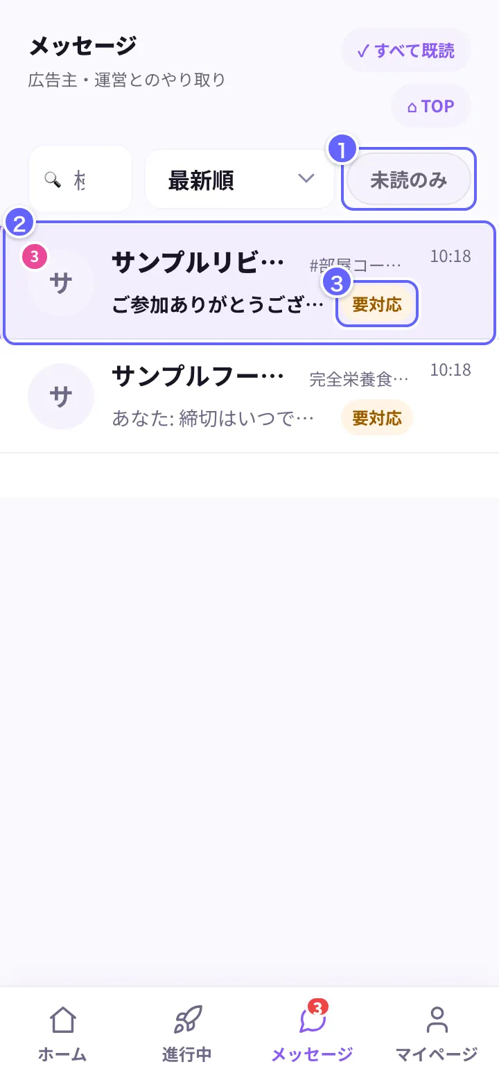 メッセージ一覧の画面。①未読のみ、②会話(タップで開く)、③要対応